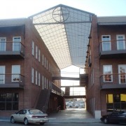 Brick office buildings with an atrium in between